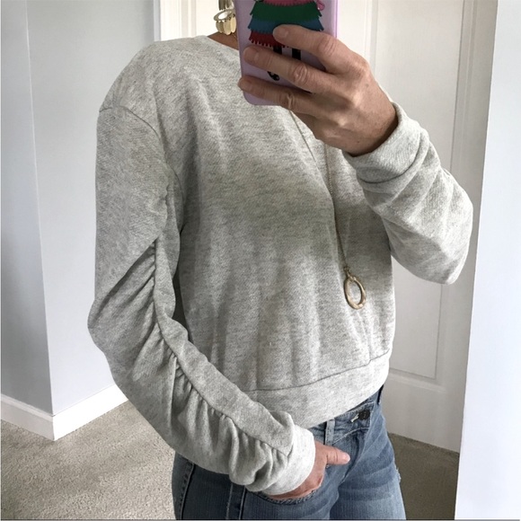 Grey Cropped, Ruched Sleeve Top - Picture 3 of 6